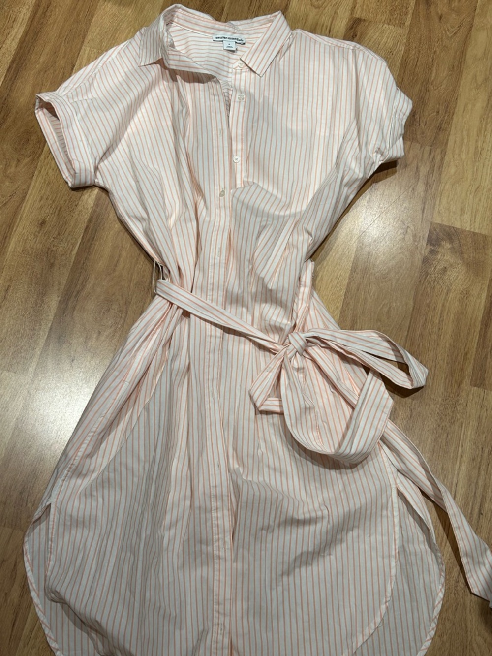 Amazon Essentials Peach and White Striped Shirt Midi Dress with Tie Waist